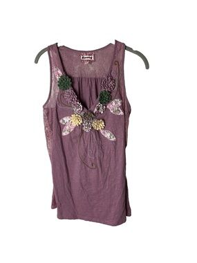 Humming Sleeveless Tank Top Size Large V-Neck Floral Appliques Lace Detail